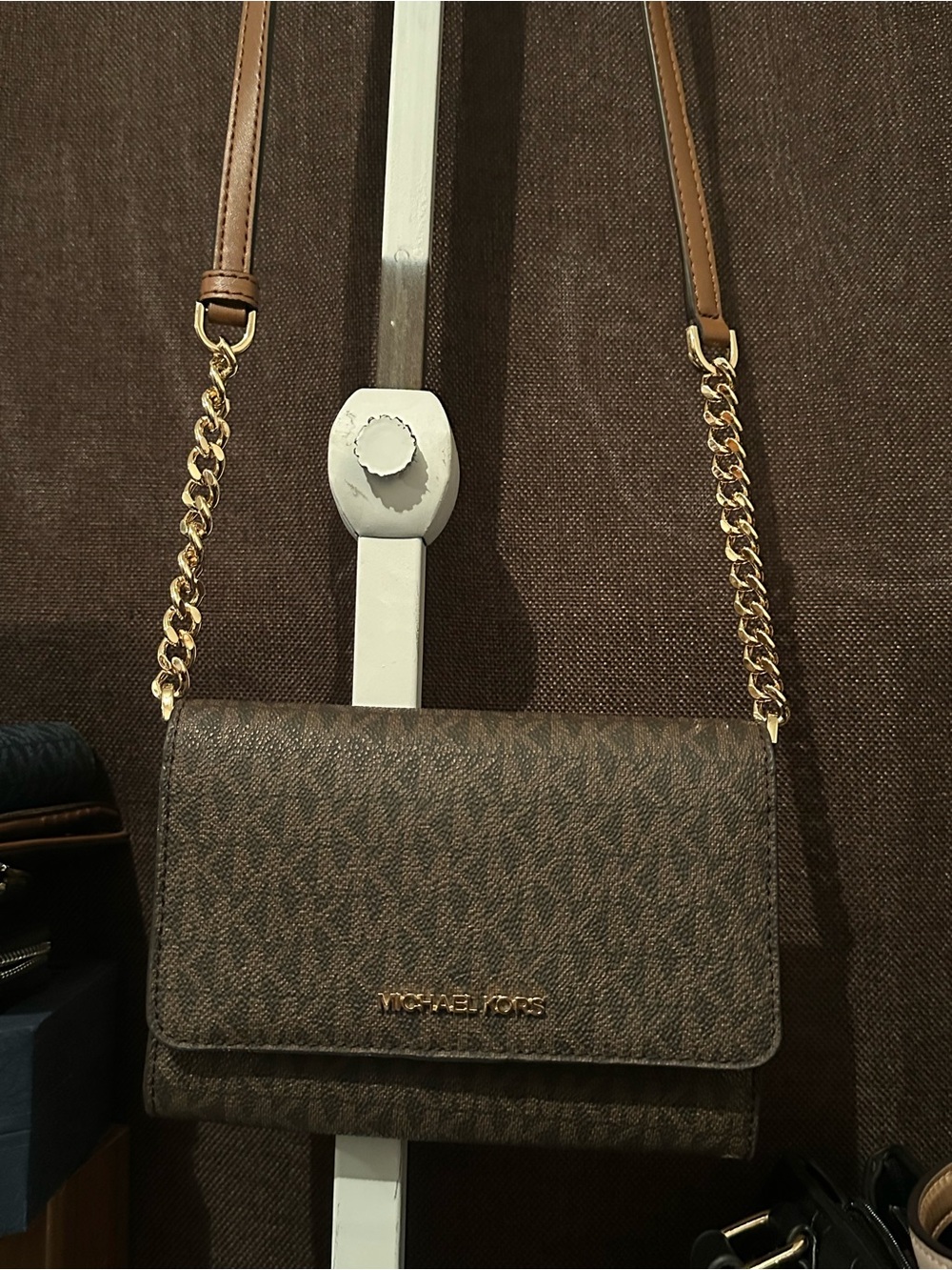 Michael Kors Brown Logo Crossbody with Gold Chain